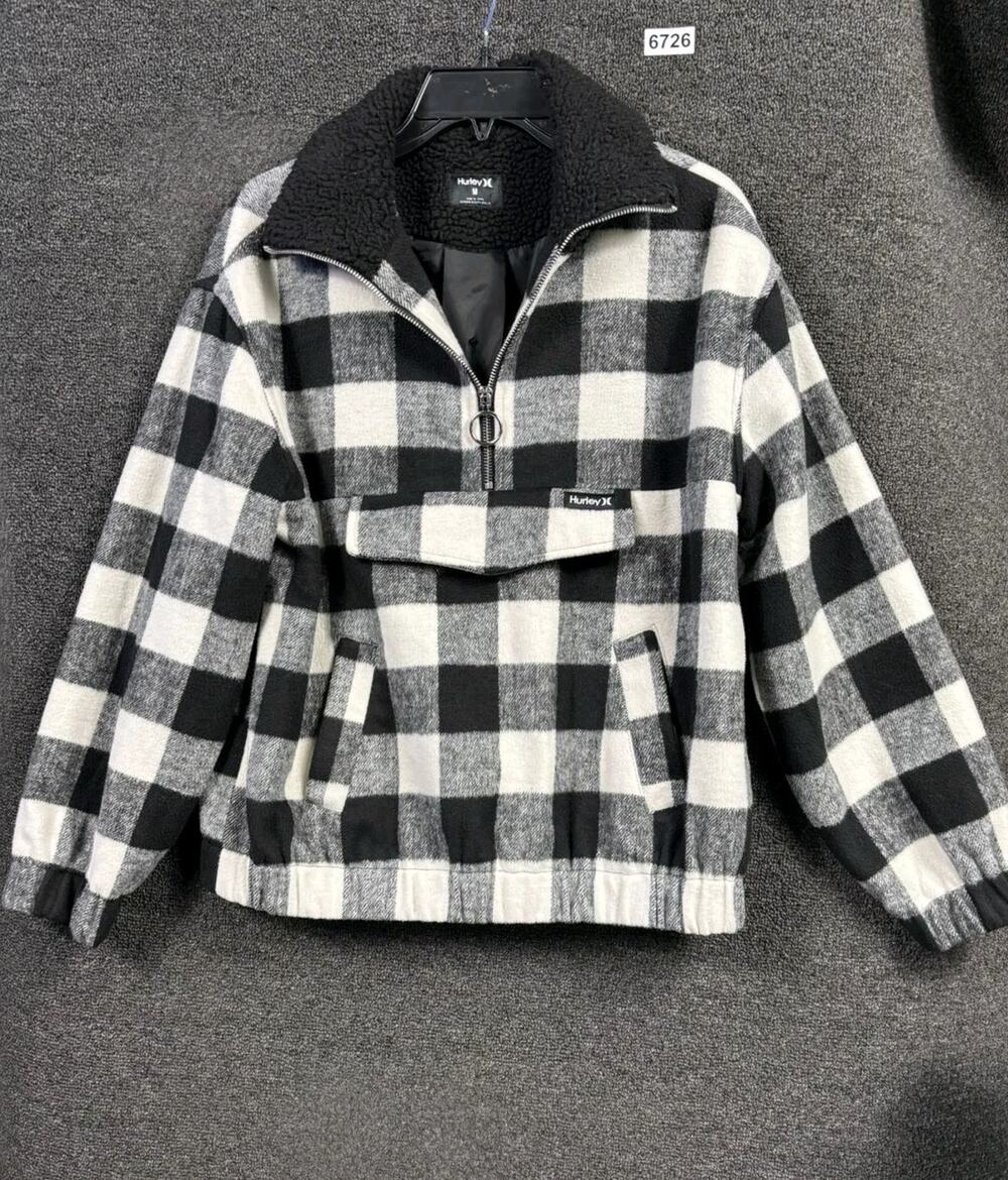 Hurley Jacket Mens Medium Black White Buffalo Plaid Sherpa Collar Pullover